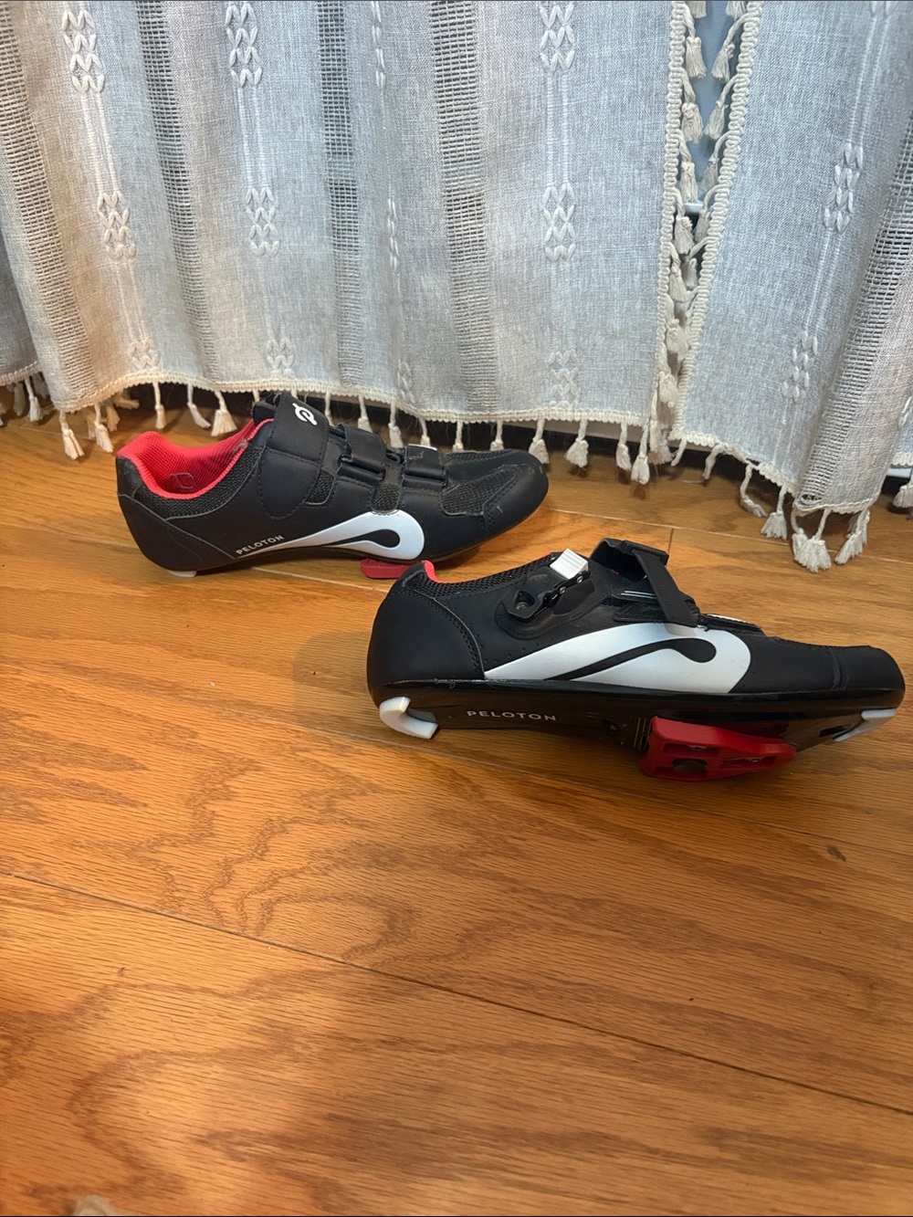 Peloton Men's Black Cycling Shoes with Red Accents and White Logo